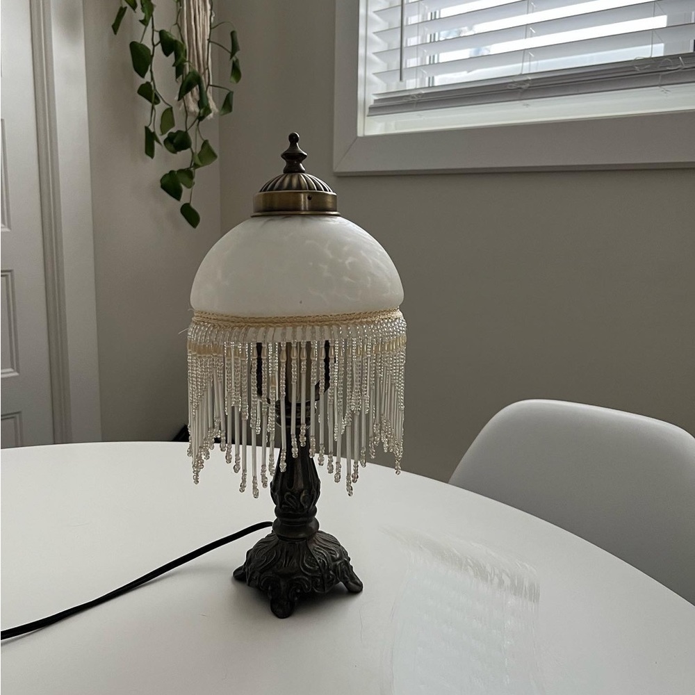 ❌SOLD❌ Vintage Fringe Beaded table lamp with frosted glass and bronze base - Picture 1 of 8